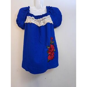 Papaya Blue Floral Embroidered Crochet Trim Peasant Top Small